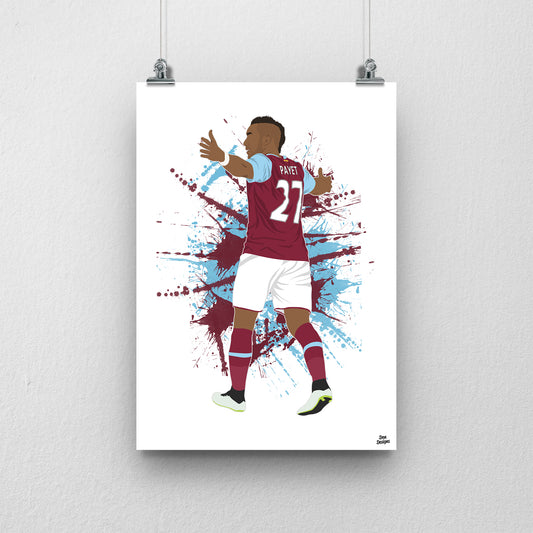 Dimitri Payet West Ham United art print, with both arms spread, viewed from behind in his claret-and-blue number 27 shirt, with a paint-splatter background.