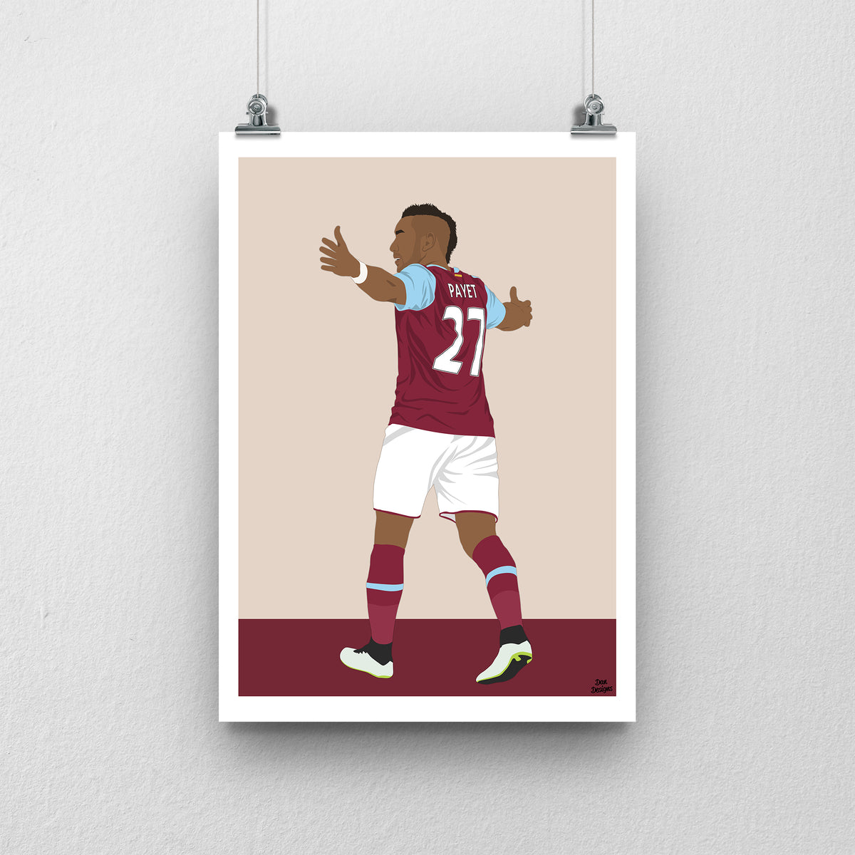 Dimitri Payet West Ham United art print, with both arms spread, viewed from behind in his claret-and-blue number 27 shirt, with a beige background, white border and club-colour base.