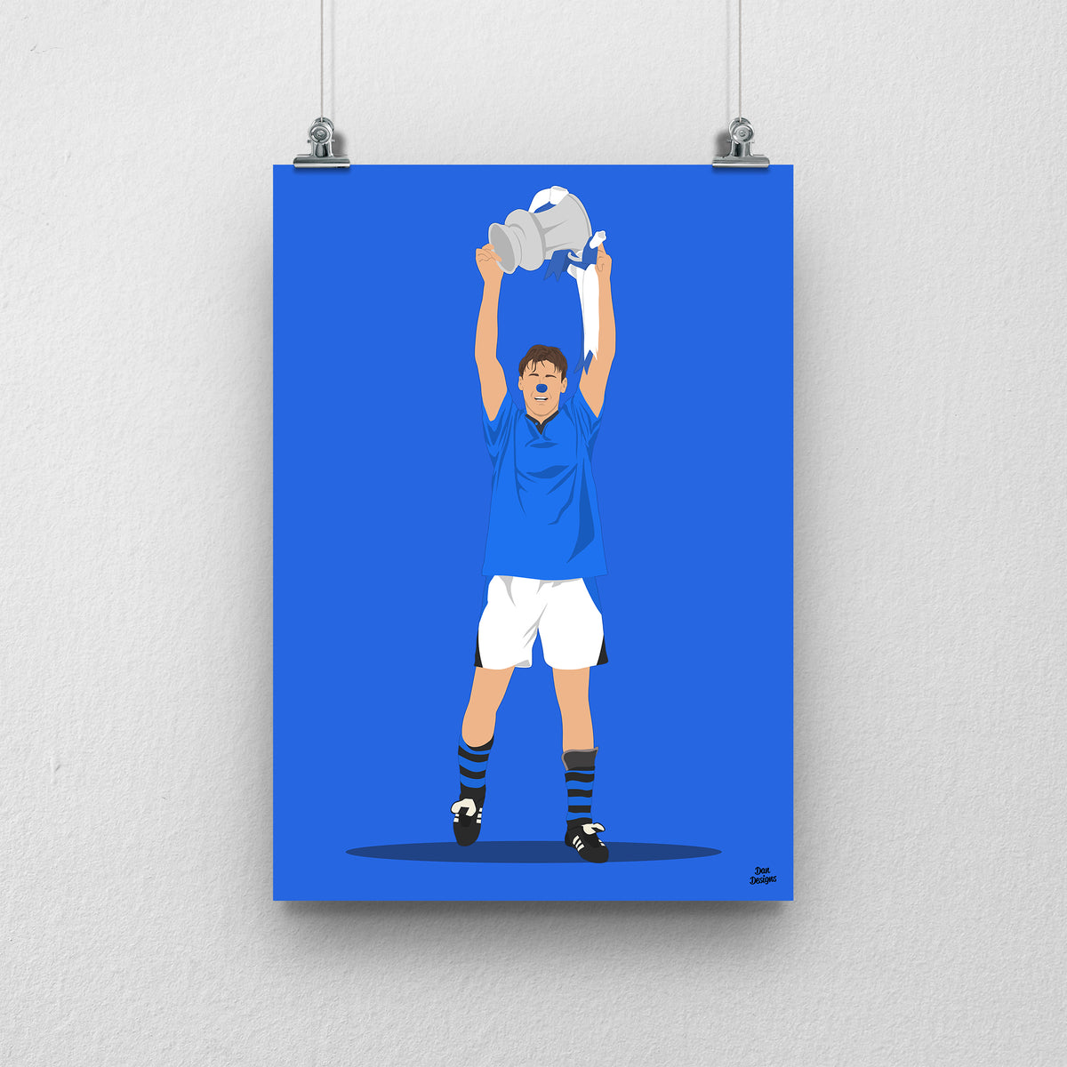 Duncan Ferguson Everton print, lifting the FA Cup above his head in the blue Everton kit, on a blue background.