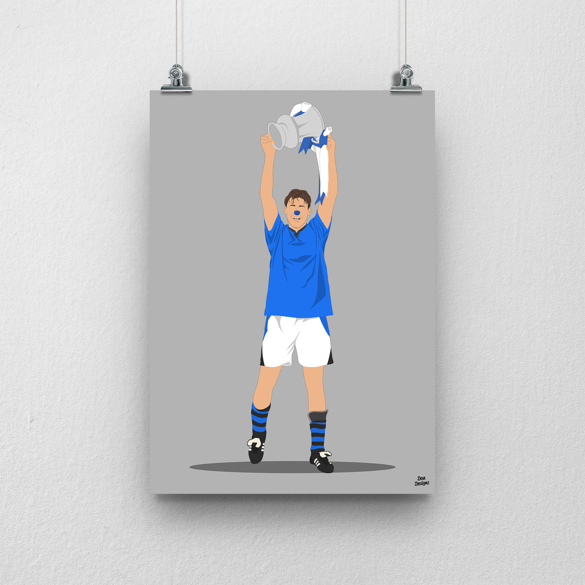 Duncan Ferguson Everton print, lifting the FA Cup above his head in the blue Everton kit, on a grey background.