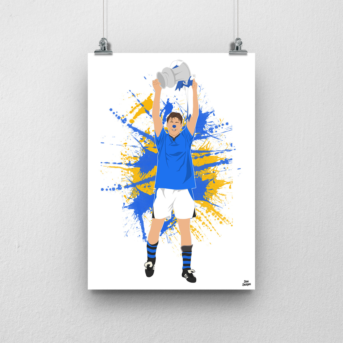 Duncan Ferguson Everton print, lifting the FA Cup above his head in the blue Everton kit, on a blue and yellow paint-splatter background.