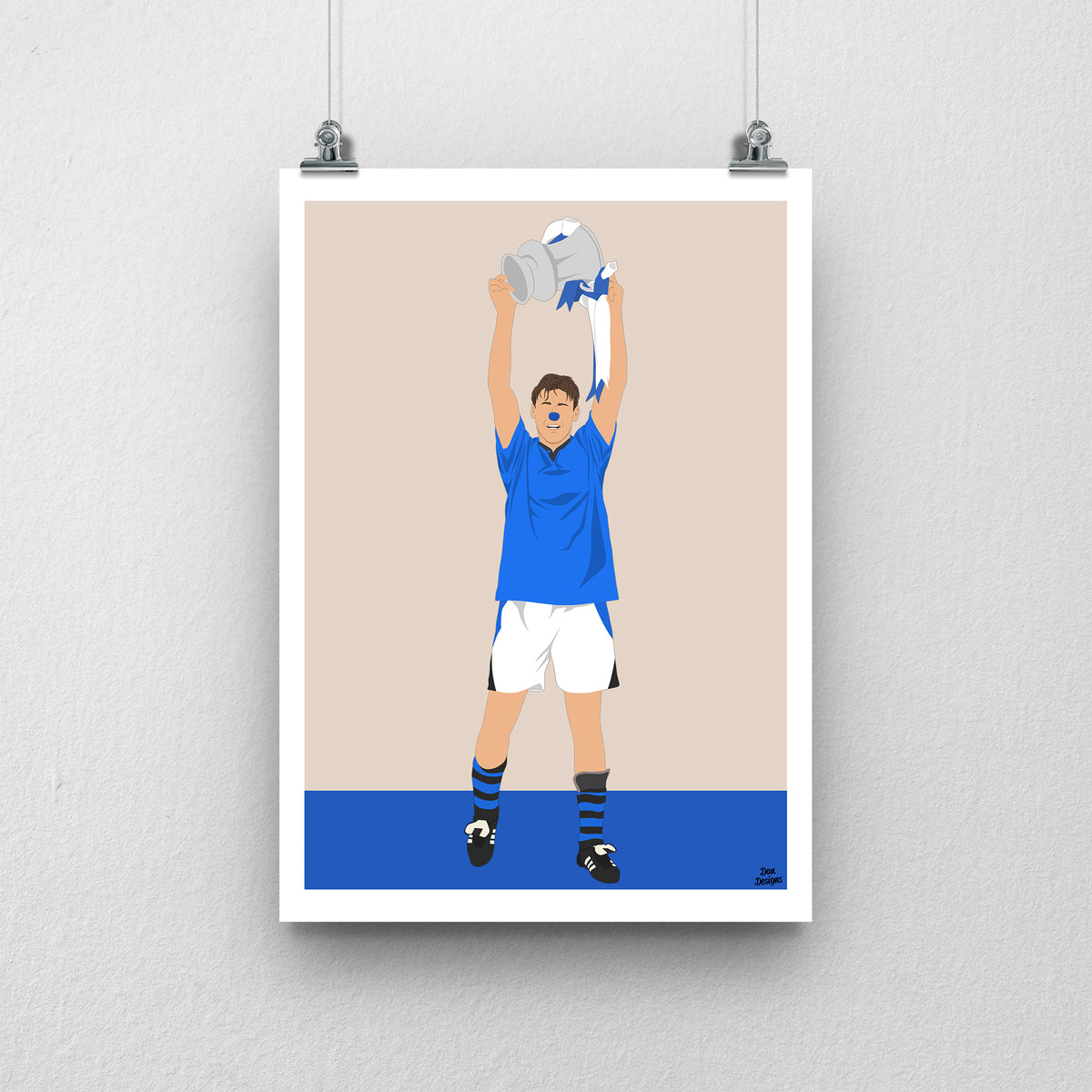 Duncan Ferguson Everton print, lifting the FA Cup above his head in the blue Everton kit, with a beige and blue design and white border.