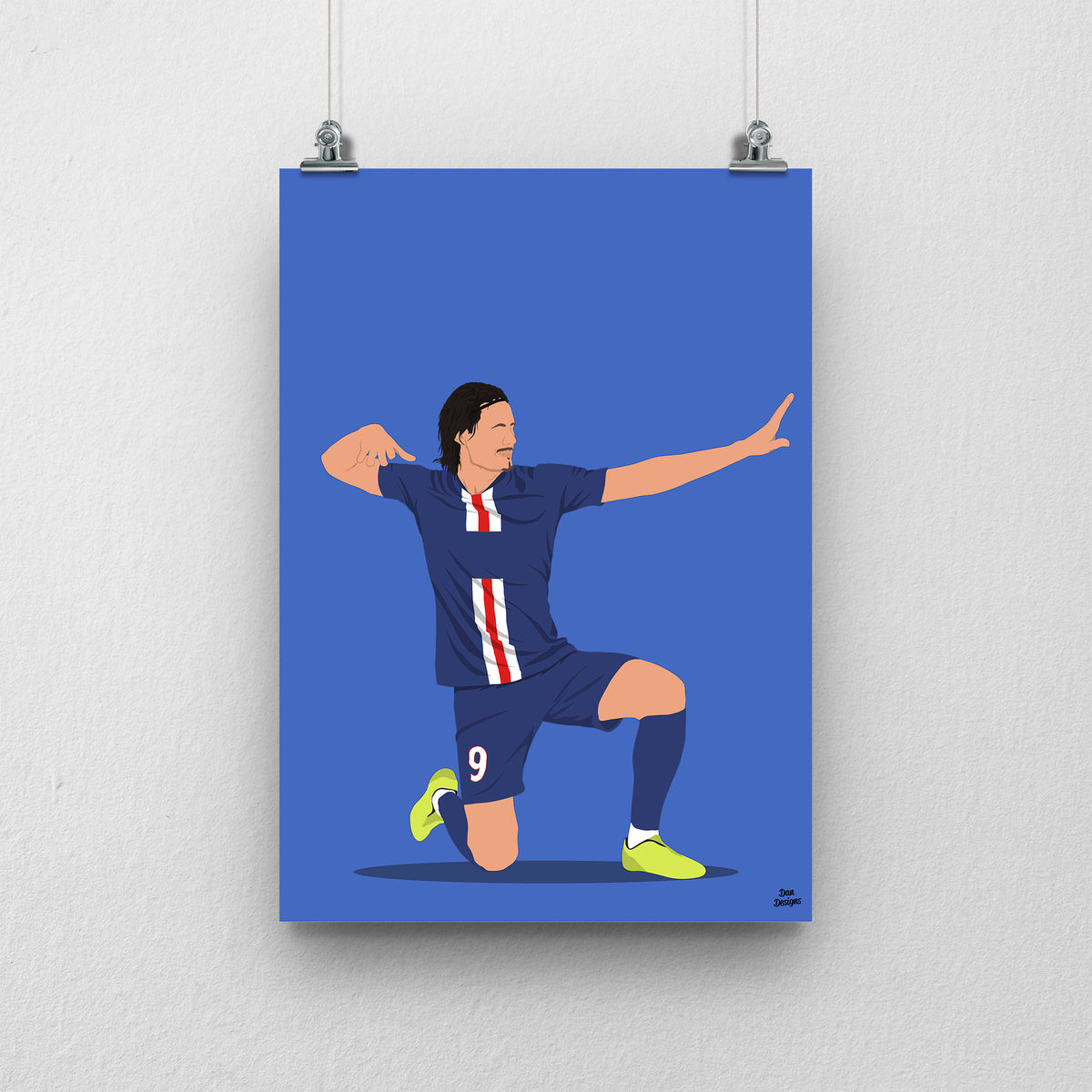 Edinson Cavani art print, kneeling in a navy PSG kit with his arms in an archer celebration, against a blue background.