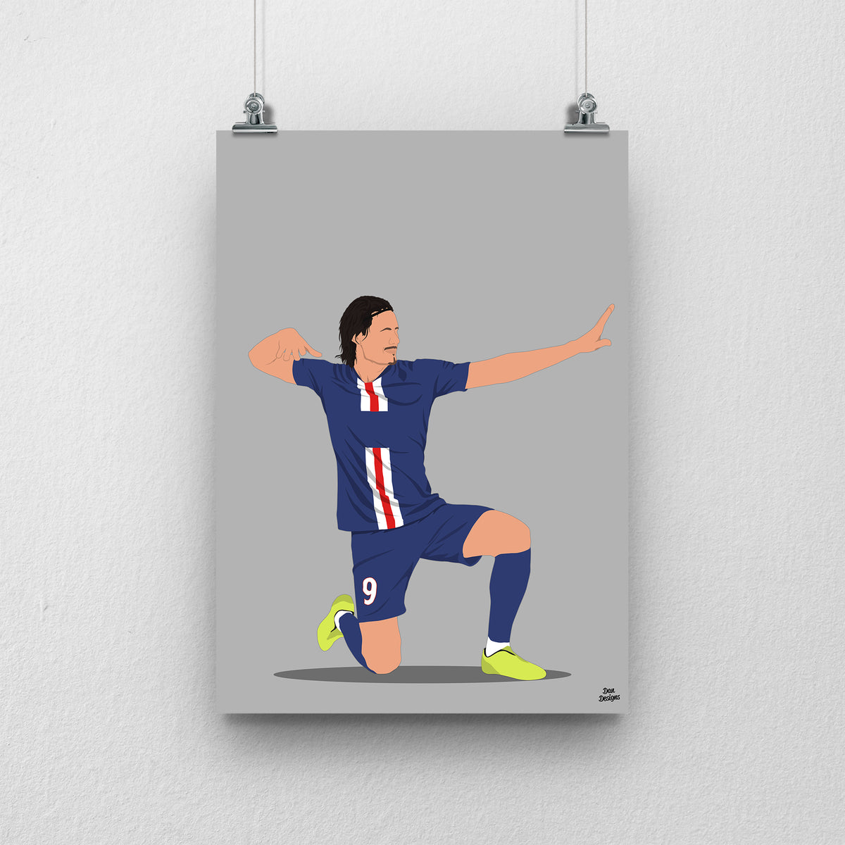 Edinson Cavani art print, kneeling in a navy PSG kit with his arms in an archer celebration, against a grey background.