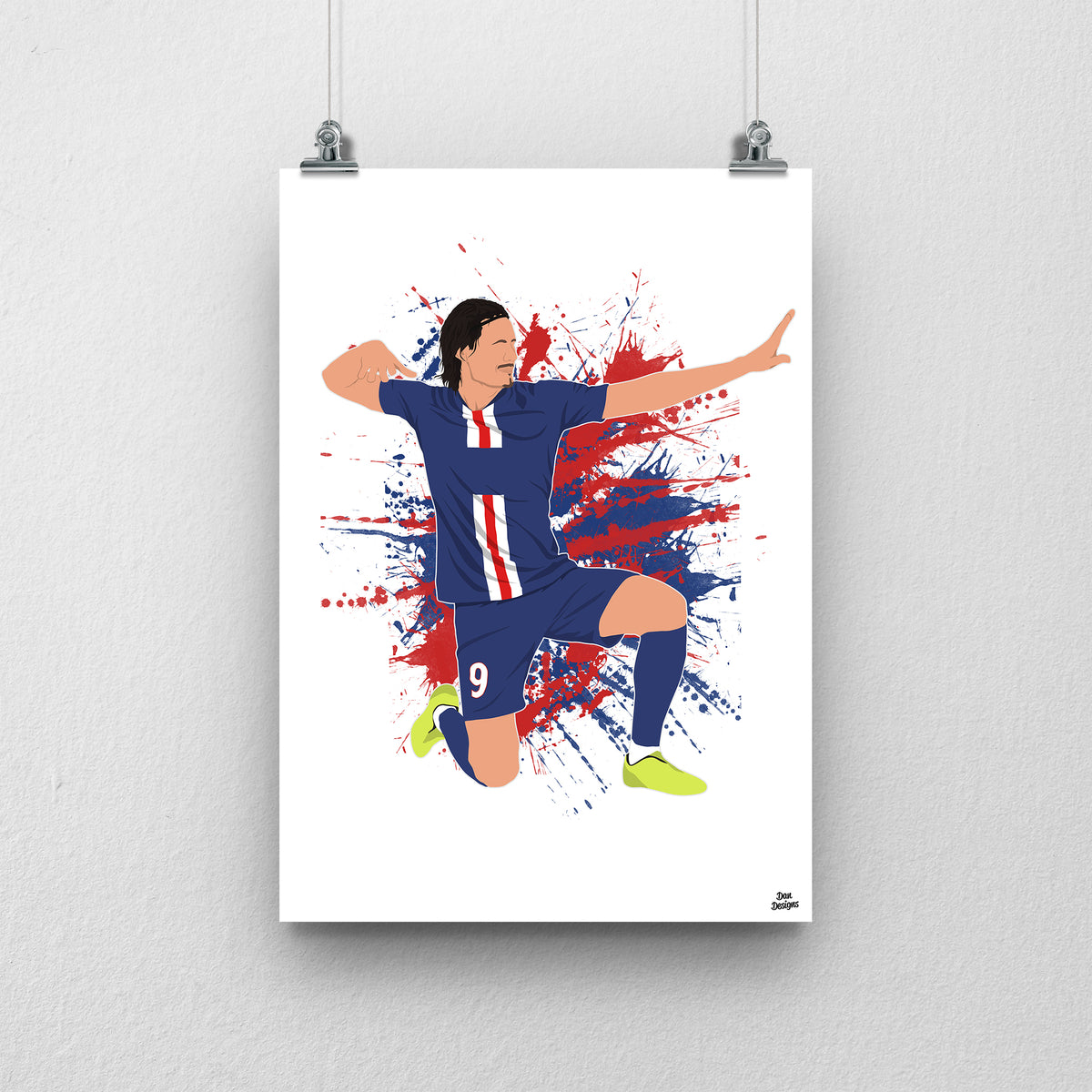 Edinson Cavani art print, kneeling in a navy PSG kit with his arms in an archer celebration, against a red-and-blue paint-splatter background.