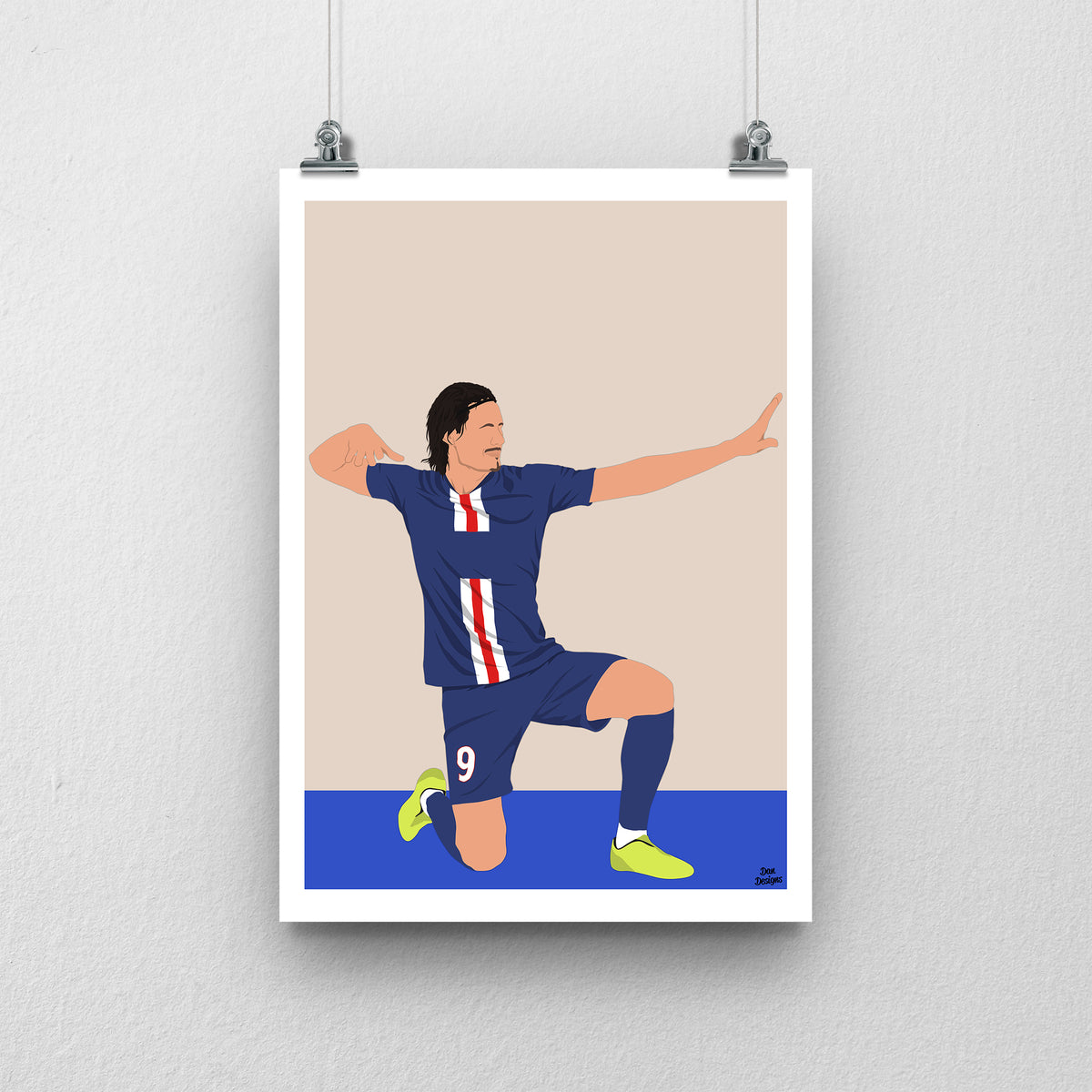Edinson Cavani art print, kneeling in a navy PSG kit with his arms in an archer celebration, against a beige background with a white border and blue base.