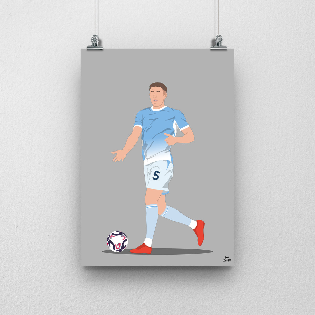 Elliot Anderson art print, with the ball at his feet in Manchester City's sky-blue shirt and number 5 white shorts, against a grey background.