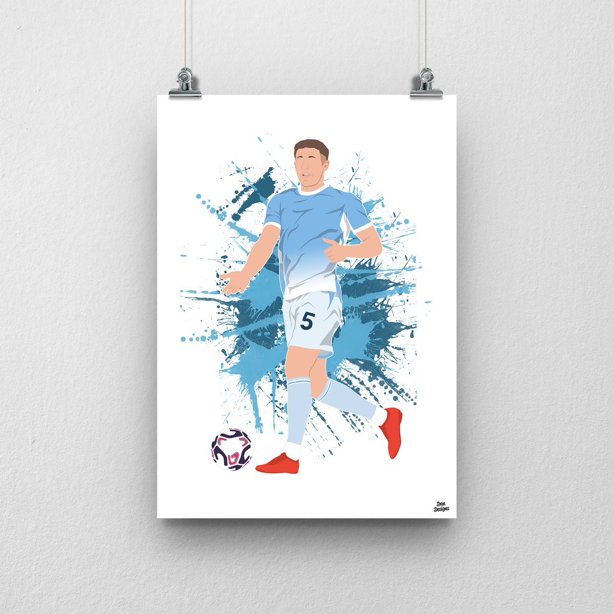 Elliot Anderson art print, with the ball at his feet in Manchester City's sky-blue shirt and number 5 white shorts, against a sky-blue paint-splatter background.
