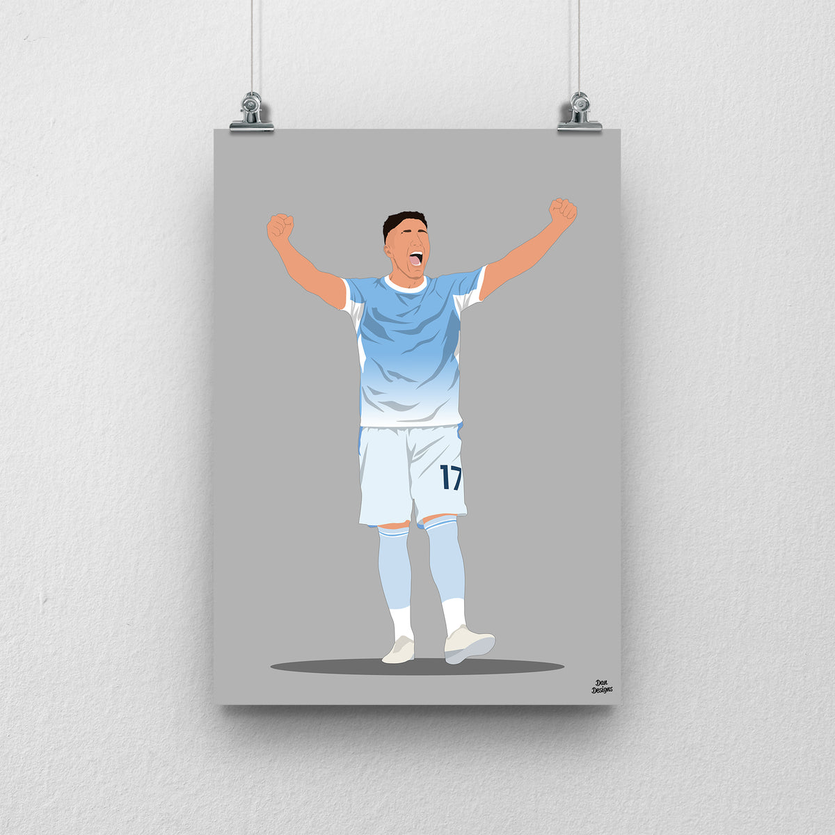 Enzo Fernández art print, celebrating with both arms raised in Manchester City's sky-blue shirt and white shorts, against a grey background.