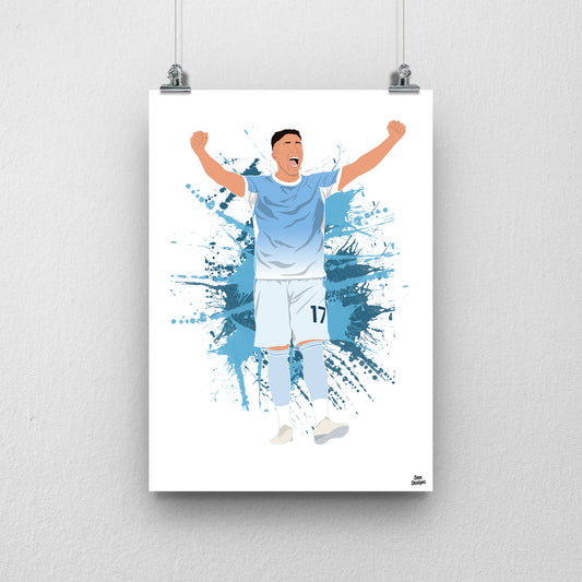 Enzo Fernández art print, celebrating with both arms raised in Manchester City's sky-blue shirt and white shorts, against a sky-blue paint-splatter background.