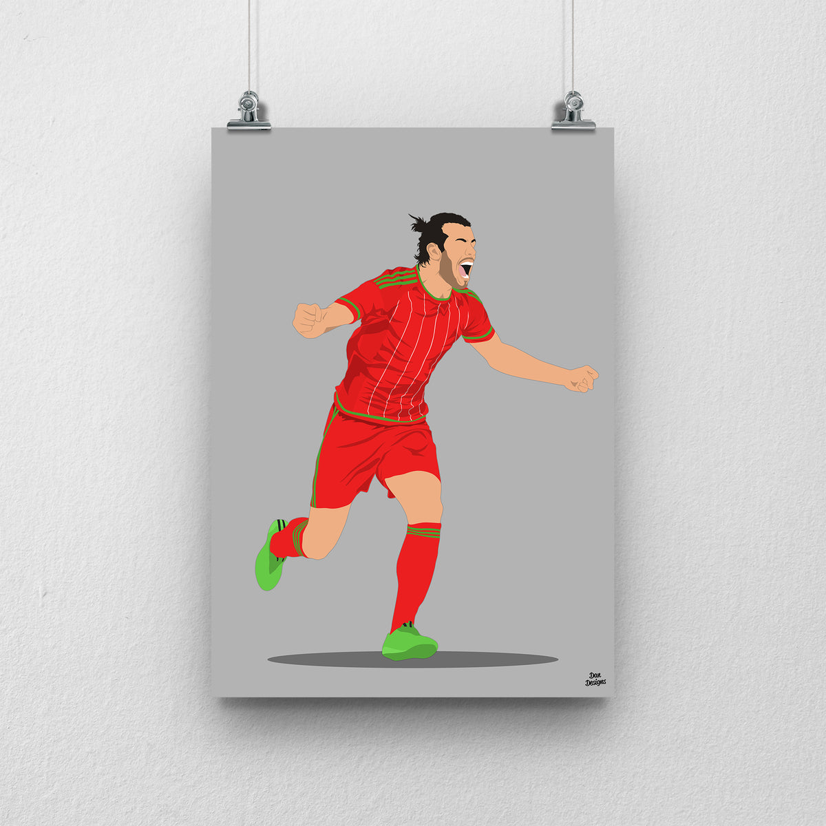 Gareth Bale Wales print, running in celebration, on a grey background.