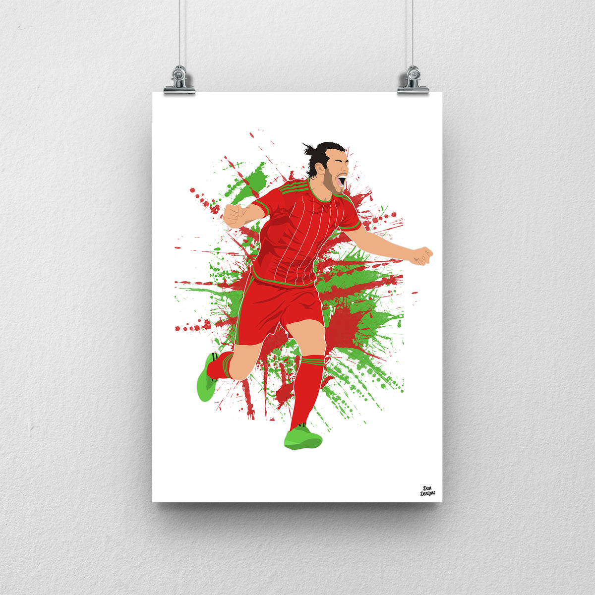 Gareth Bale Wales print, running in celebration, on a red and green paint-splatter background.