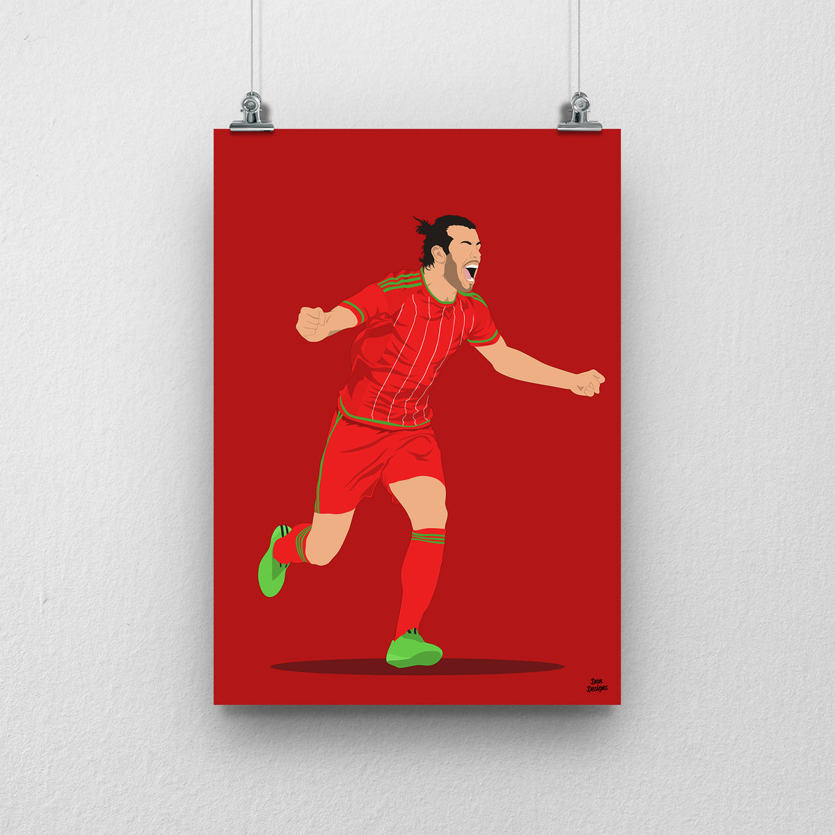 Gareth Bale Wales print, running in celebration, on a red background.