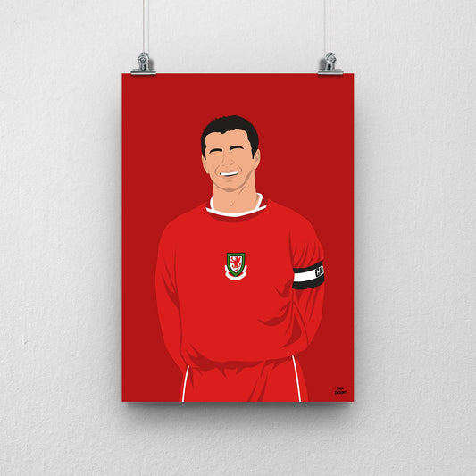Gary Speed Wales print, smiling in the red Wales shirt with the captain’s armband, on a red background.