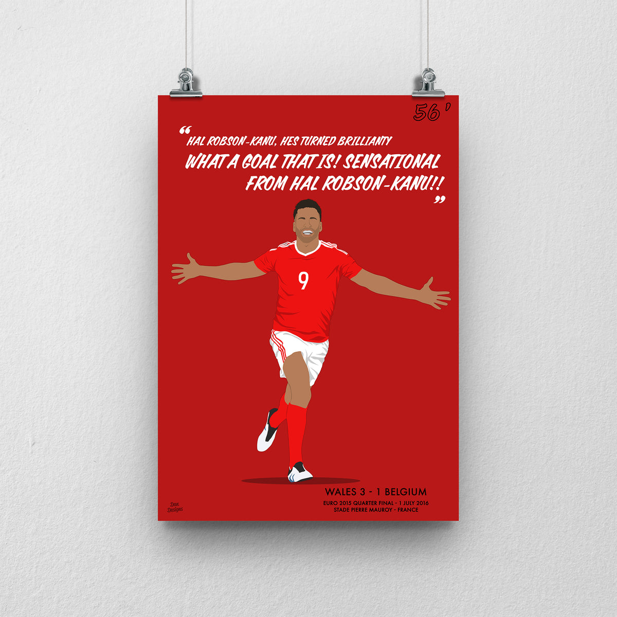 Hal Robson-Kanu Wales print, celebrating with both arms outstretched, with Commentary lettering.
