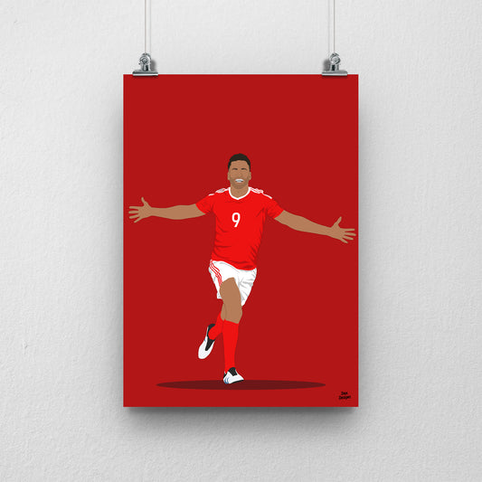Hal Robson-Kanu Wales print, celebrating with both arms outstretched, on a red background.