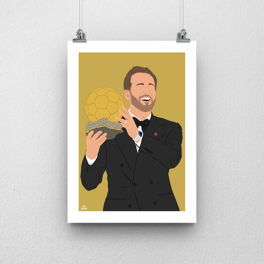 Harry Kane holding the Ballon d’Or trophy in a black suit, illustrated on a gold background with a white border.