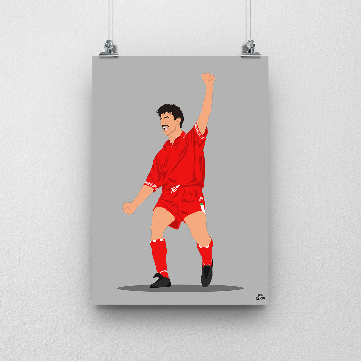 Ian Rush Wales print, celebrating with one arm raised, on a grey background.
