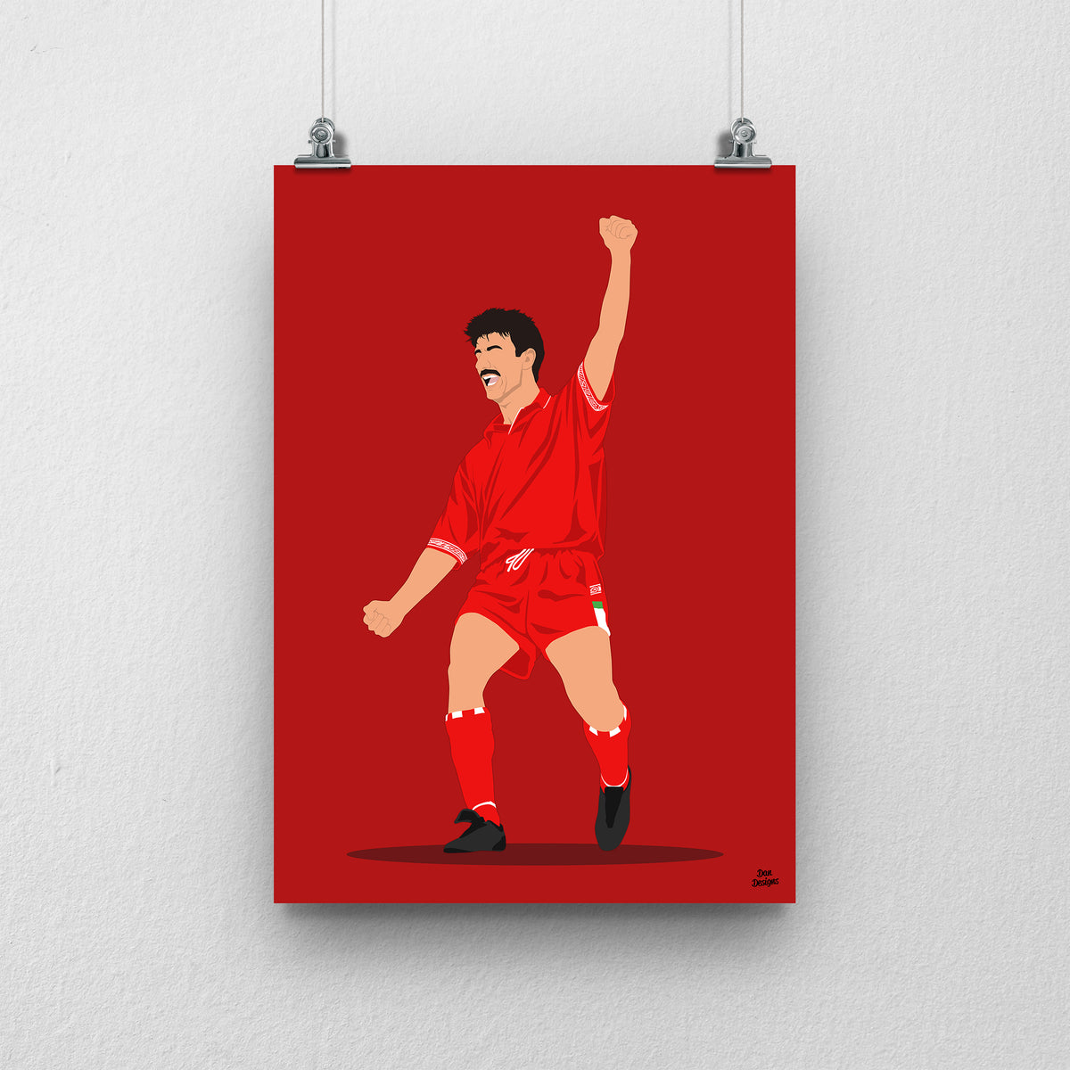 Ian Rush Wales print, celebrating with one arm raised, on a red background.