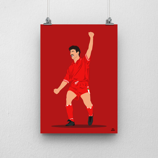 Ian Rush Wales print, celebrating with one arm raised, on a red background.