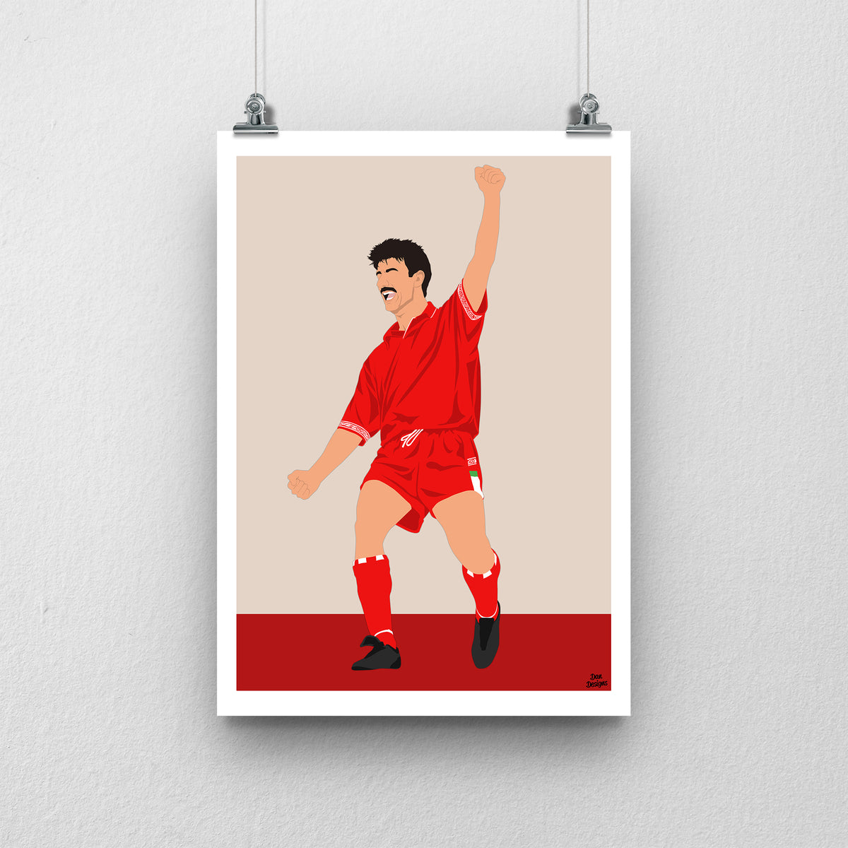 Ian Rush Wales print, celebrating with one arm raised, with a beige and red background and white border.