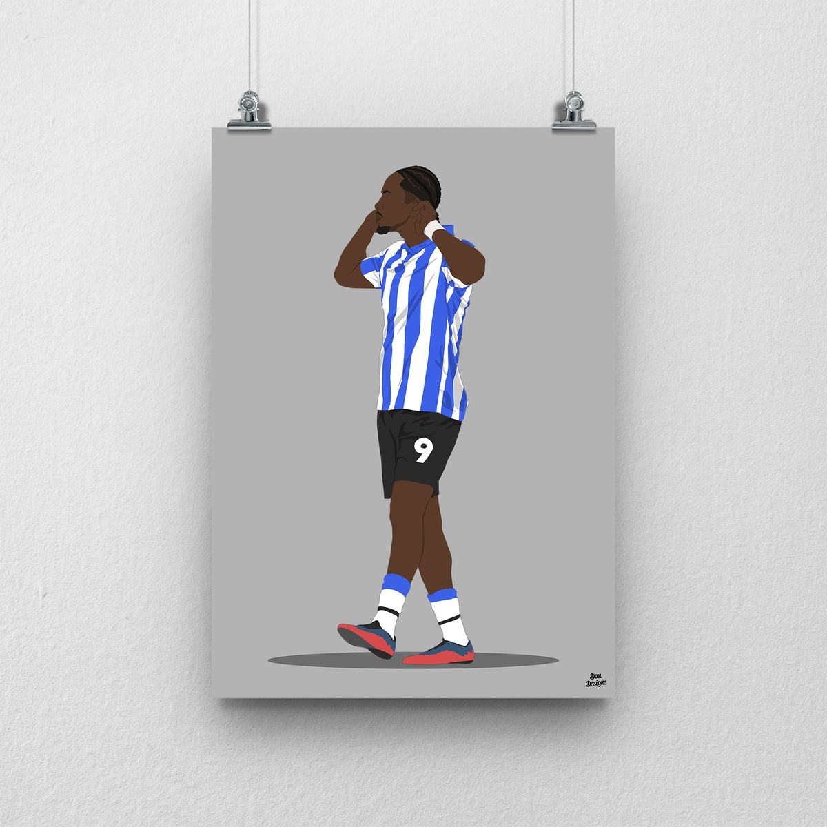 Jamal Lowe art print, holding both hands beside his face in Sheffield Wednesday's blue-and-white striped kit, against a grey background.
