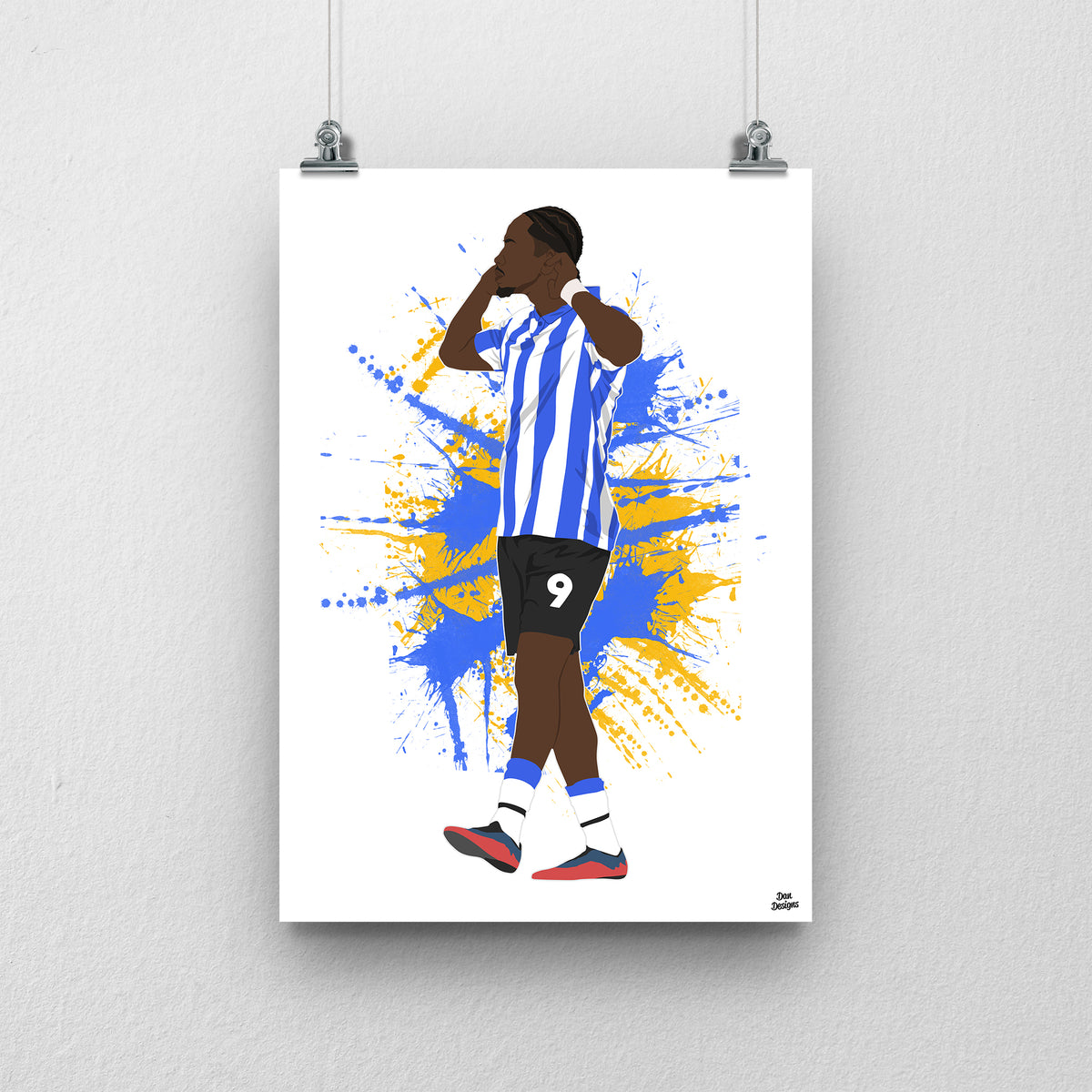 Jamal Lowe art print, holding both hands beside his face in Sheffield Wednesday's blue-and-white striped kit, against a blue-and-yellow paint-splatter background.