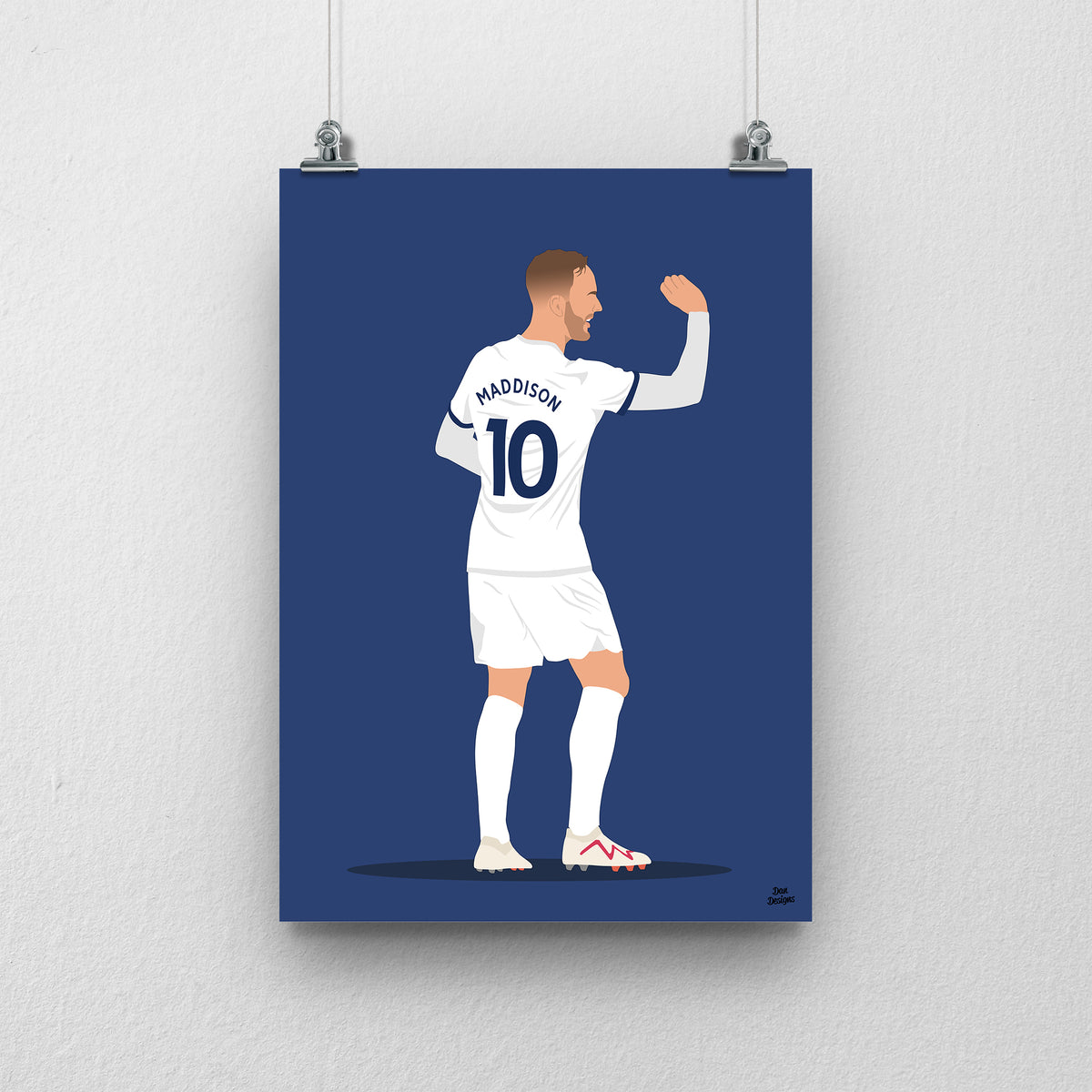 James Maddison Tottenham art print, performing his darts celebration, viewed from behind in his Tottenham number 10 shirt, with a navy blue background.