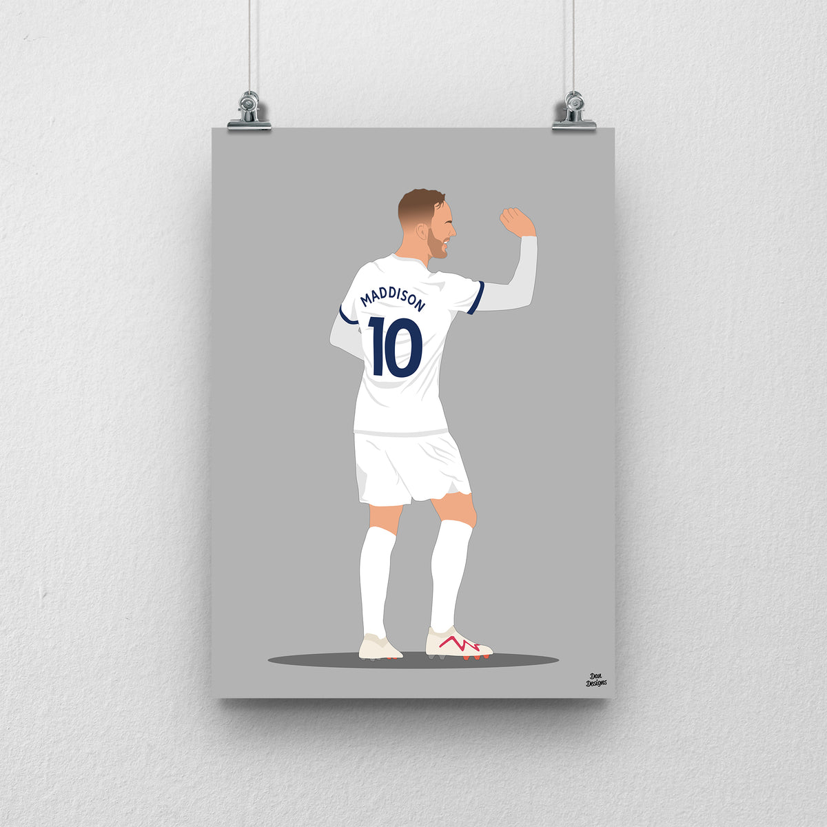 James Maddison Tottenham art print, performing his darts celebration, viewed from behind in his Tottenham number 10 shirt, with a grey background.