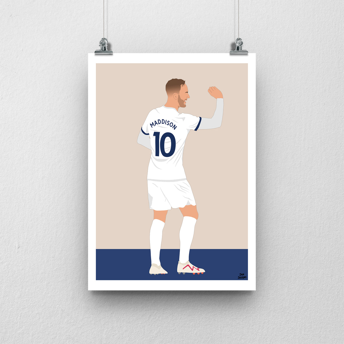 James Maddison Tottenham art print, performing his darts celebration, viewed from behind in his Tottenham number 10 shirt, with a beige background, white border and club-colour base.