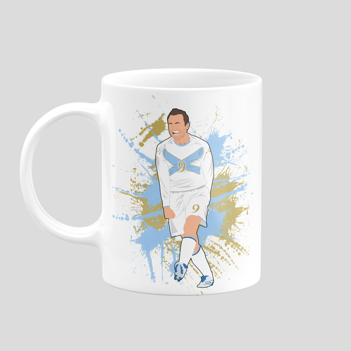 James McFadden Scotland mug featuring his France goal celebration with blue and gold paint splashes