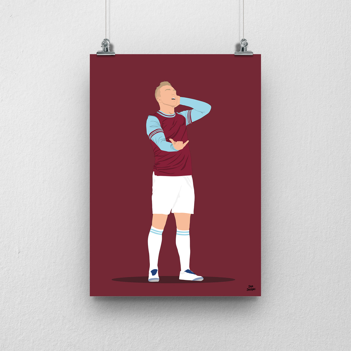 Jarrod Bowen West Ham United art print, celebrating with one hand beside his ear and the other held out in the claret-and-blue kit, with a claret background.