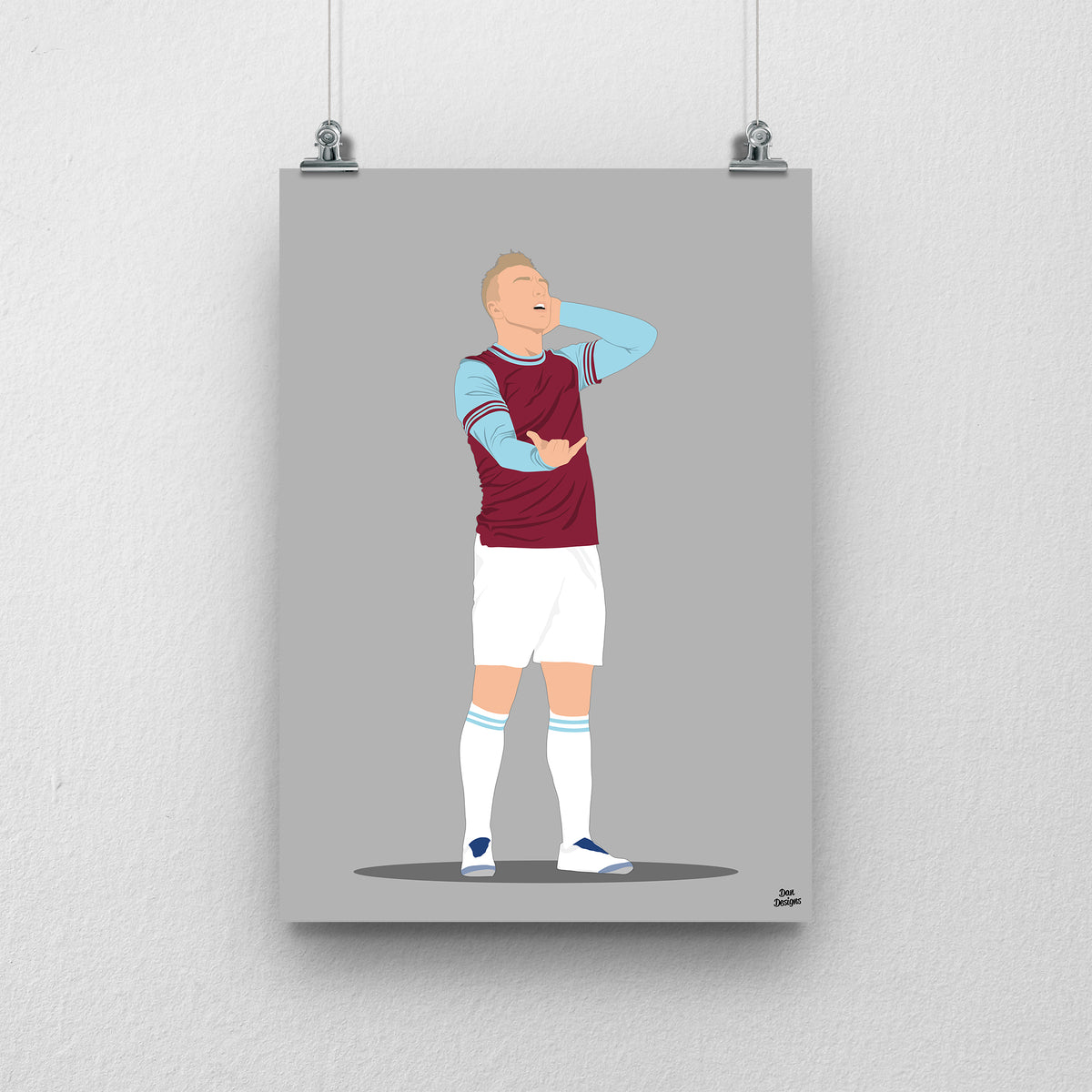 Jarrod Bowen West Ham United art print, celebrating with one hand beside his ear and the other held out in the claret-and-blue kit, with a grey background.