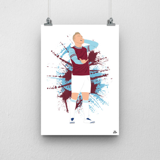 Jarrod Bowen West Ham United art print, celebrating with one hand beside his ear and the other held out in the claret-and-blue kit, with a paint-splatter background.