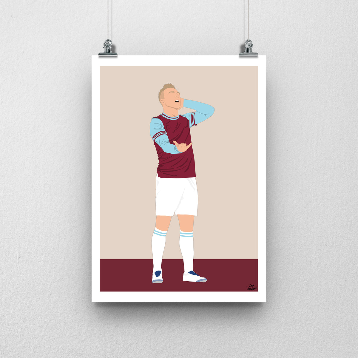 Jarrod Bowen West Ham United art print, celebrating with one hand beside his ear and the other held out in the claret-and-blue kit, with a beige background, white border and club-colour base.