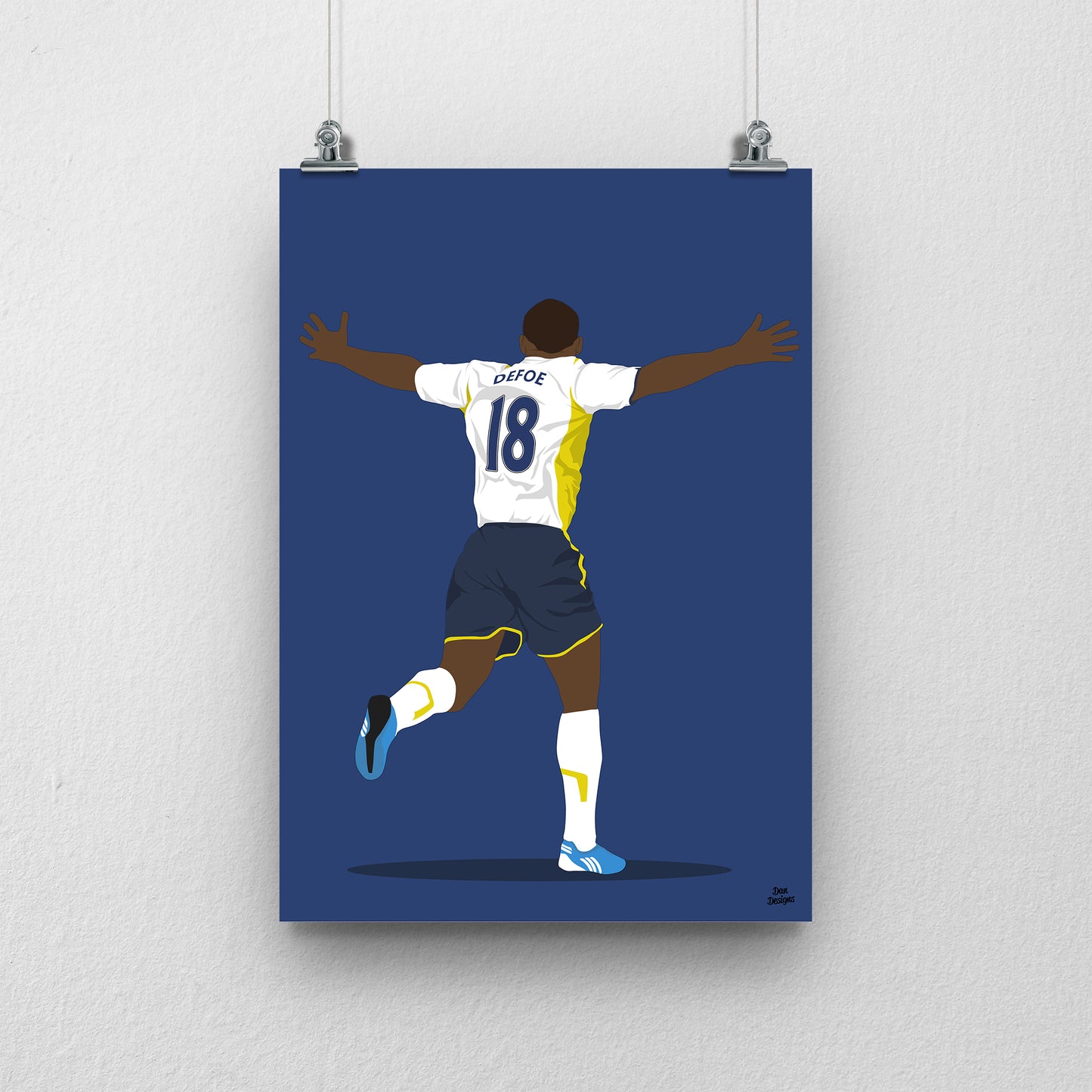 Jermain Defoe Tottenham art print, running with both arms spread, viewed from behind in his Tottenham number 18 shirt, with a navy blue background.