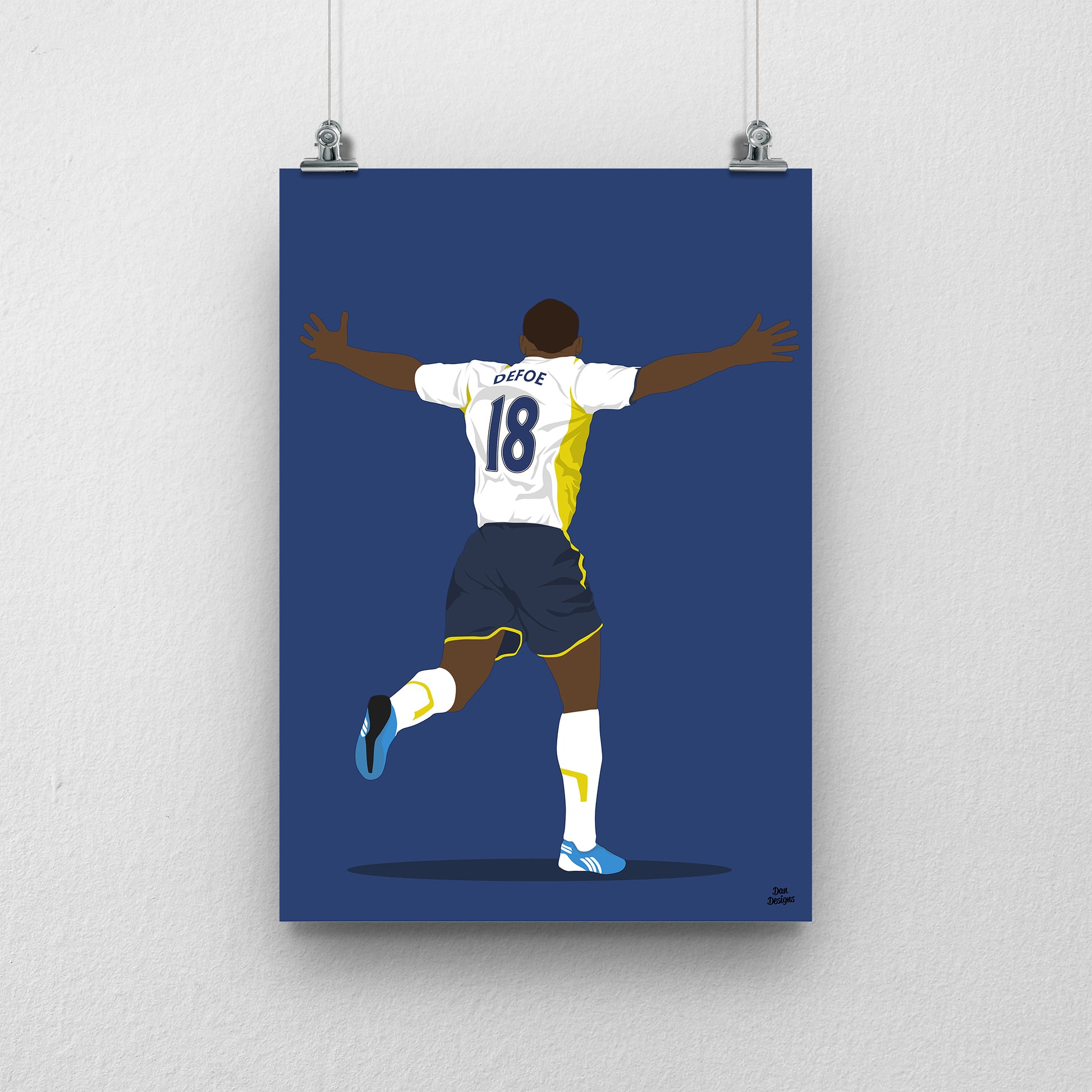 Jermain Defoe Tottenham art print, running with both arms spread, viewed from behind in his Tottenham number 18 shirt, with a navy blue background.