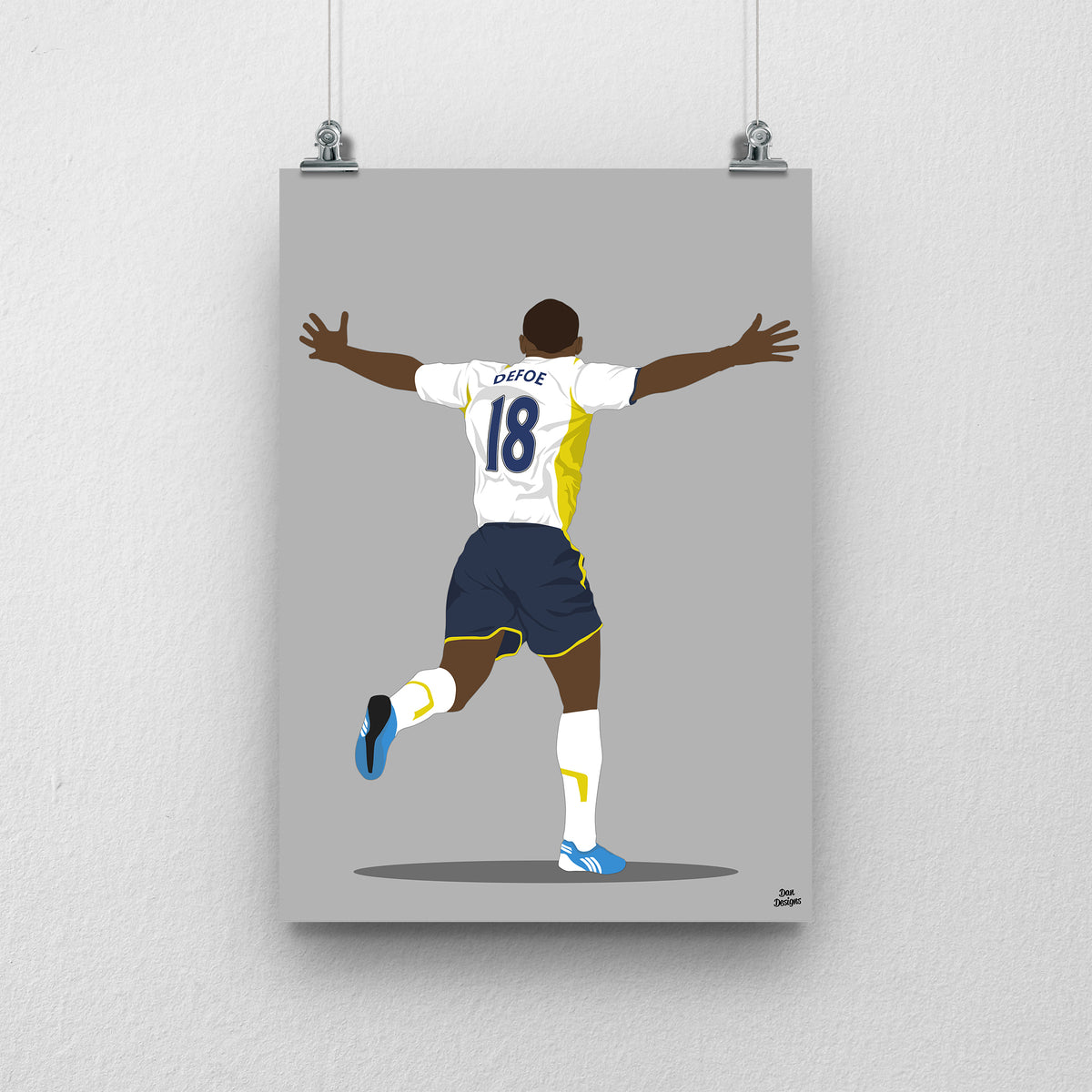 Jermain Defoe Tottenham art print, running with both arms spread, viewed from behind in his Tottenham number 18 shirt, with a grey background.