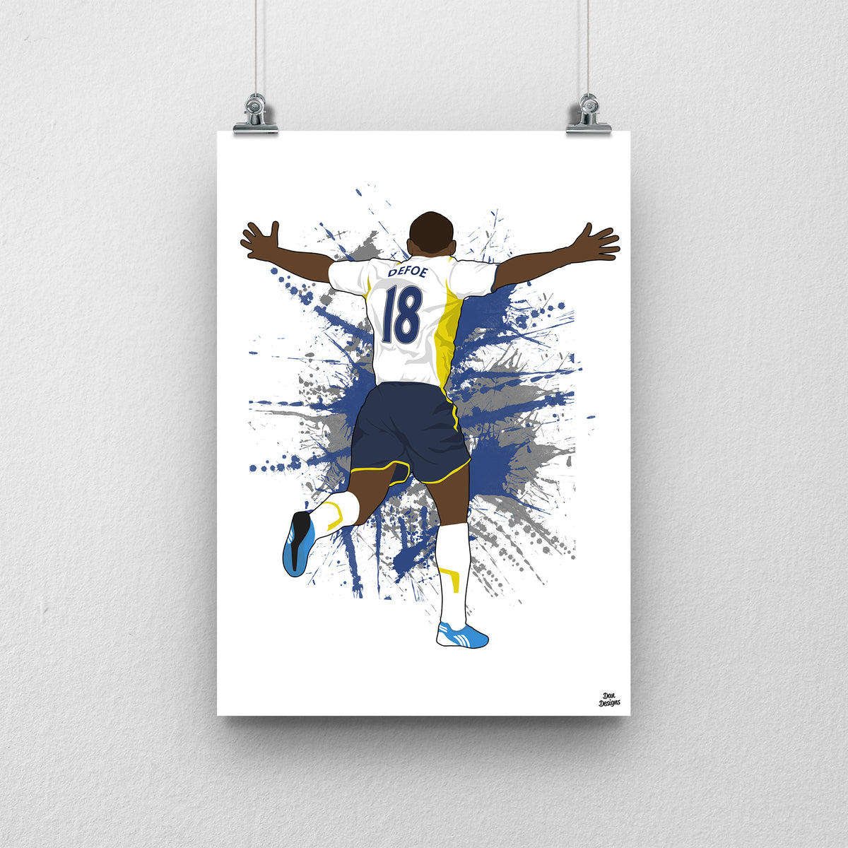 Jermain Defoe Tottenham art print, running with both arms spread, viewed from behind in his Tottenham number 18 shirt, with a paint-splatter background.
