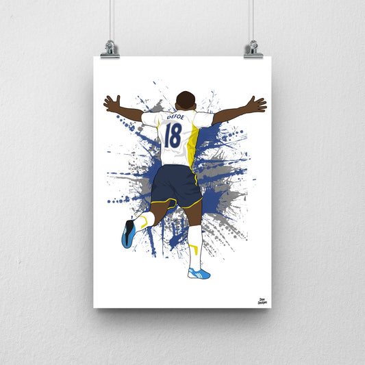 Jermain Defoe Tottenham art print, running with both arms spread, viewed from behind in his Tottenham number 18 shirt, with a paint-splatter background.