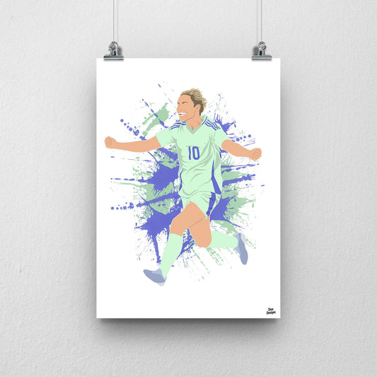 Jess Fishlock Wales print showing her arms-out celebration in the green away kit, on a green and purple paint-splatter background.
