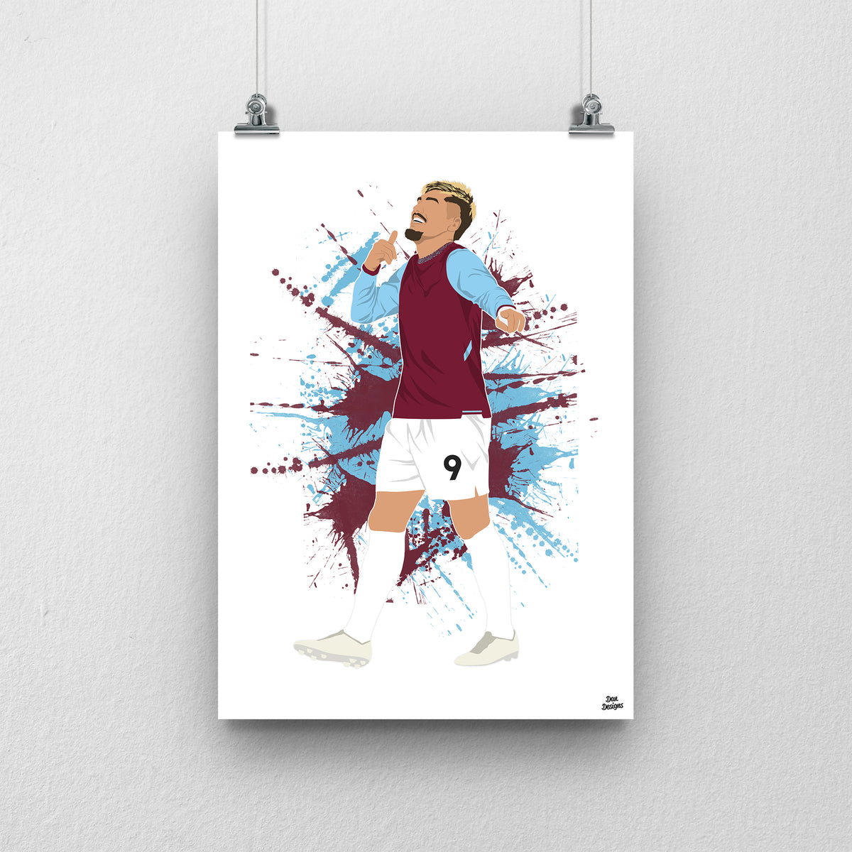 Joël Piroe in West Ham's claret shirt with sky-blue sleeves, holding a finger to his lips with his other arm extended, against a claret-and-blue paint-splatter background.