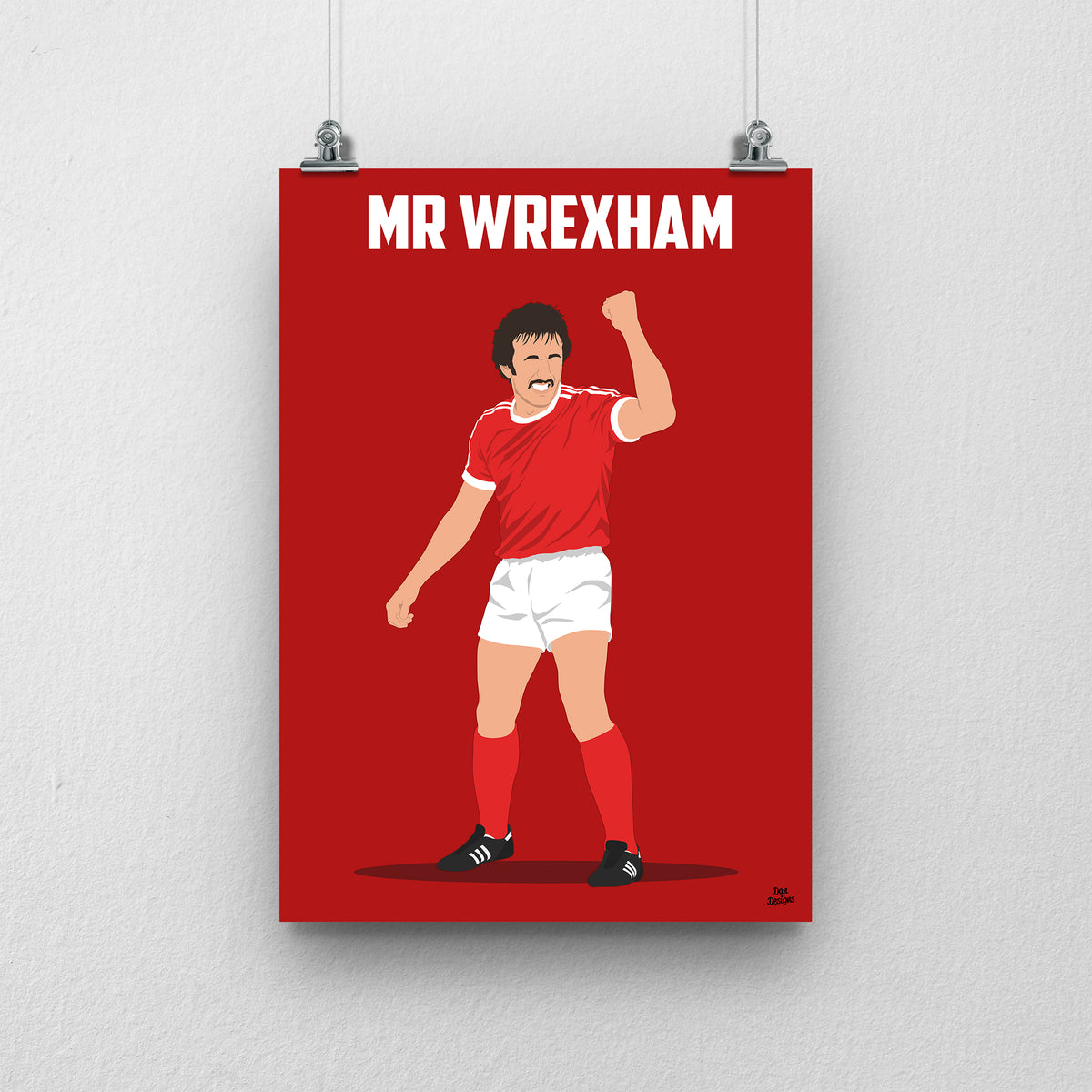 Joey Jones Wrexham print, raising his fist in the red Wrexham shirt, with Mr Wrexham lettering.