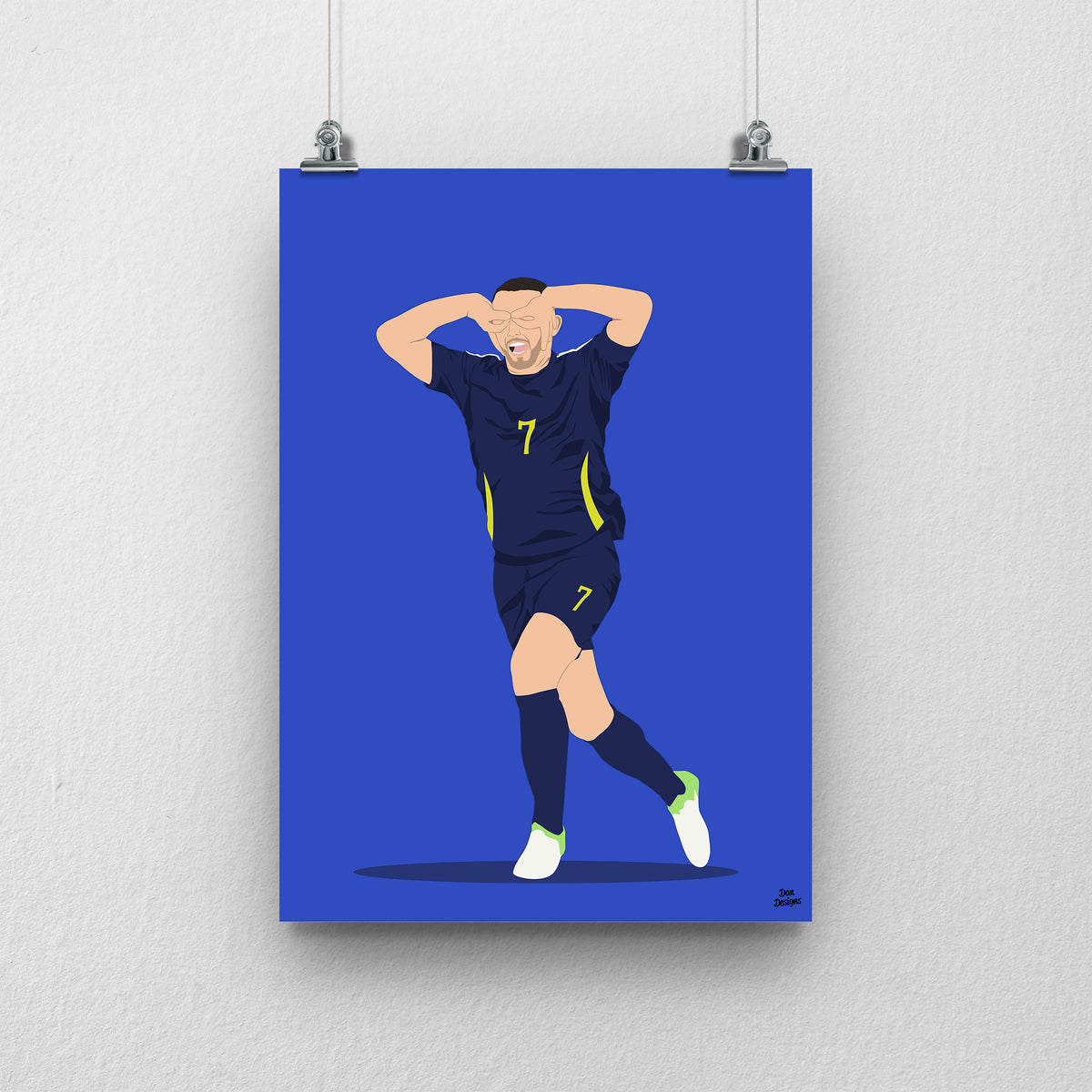 John McGinn celebrating with his hands around his eyes in Scotland’s navy number 7 kit, illustrated with a blue background.