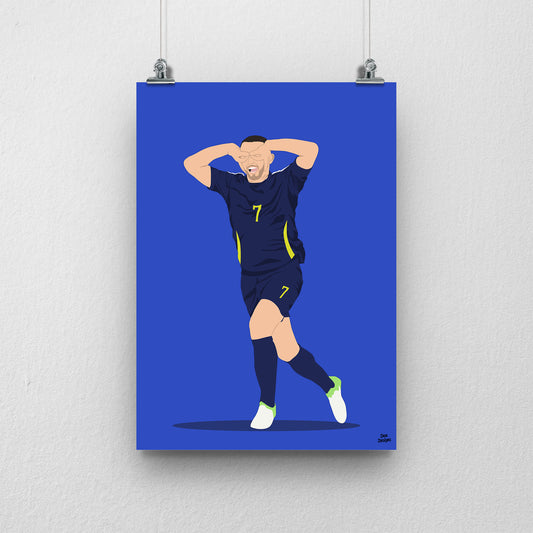 John McGinn celebrating with his hands around his eyes in Scotland’s navy number 7 kit, illustrated with a blue background.
