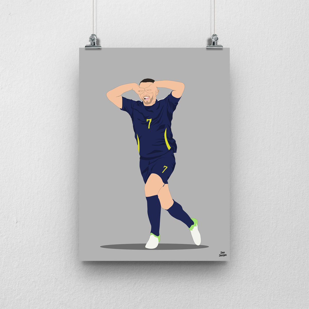 John McGinn celebrating with his hands around his eyes in Scotland’s navy number 7 kit, illustrated with a grey background.