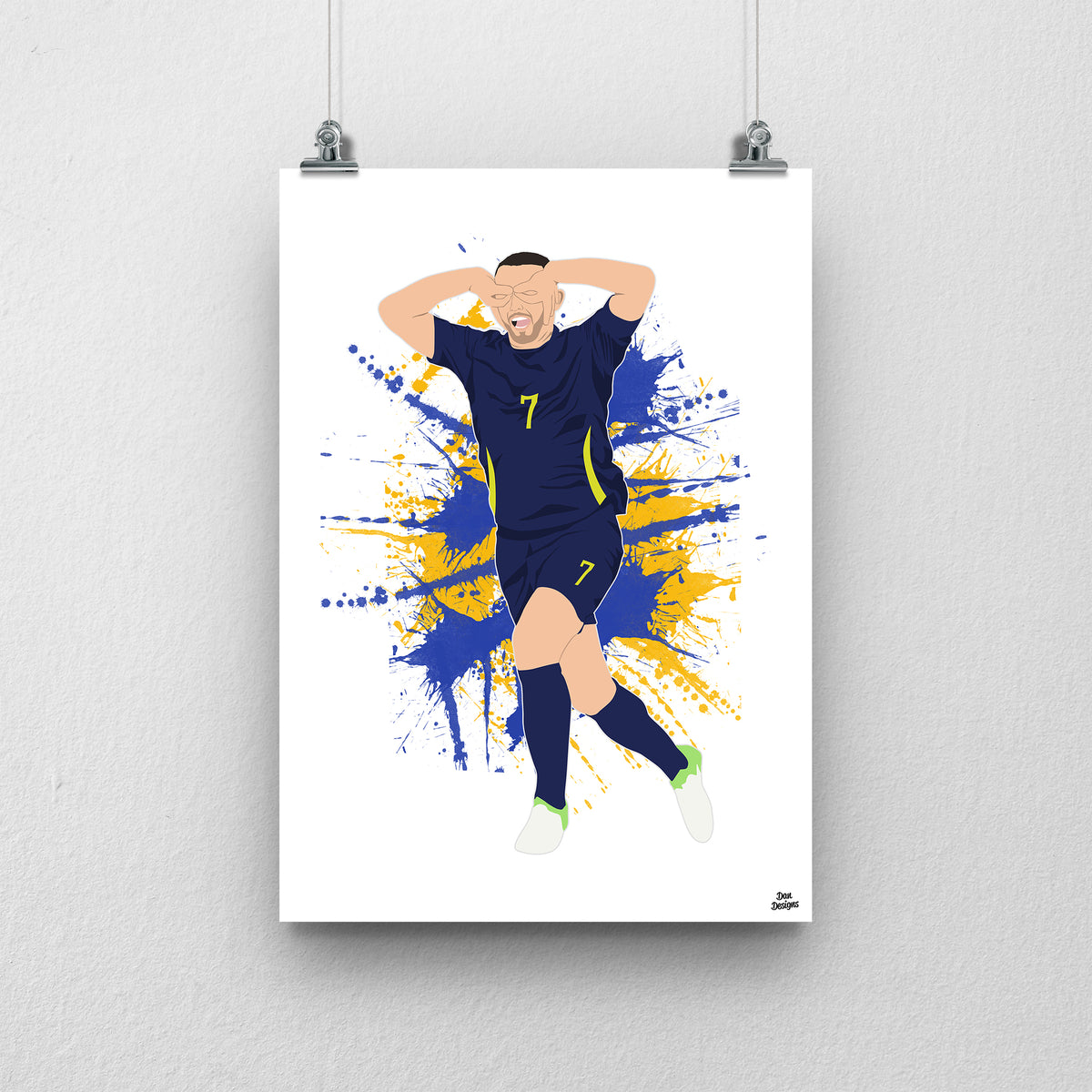 John McGinn celebrating with his hands around his eyes in Scotland’s navy number 7 kit, illustrated with blue and yellow paint splashes on white.