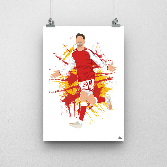 Kai Havertz running with both arms out in Arsenal's red shirt with white sleeves, against a red-and-gold paint-splatter background.