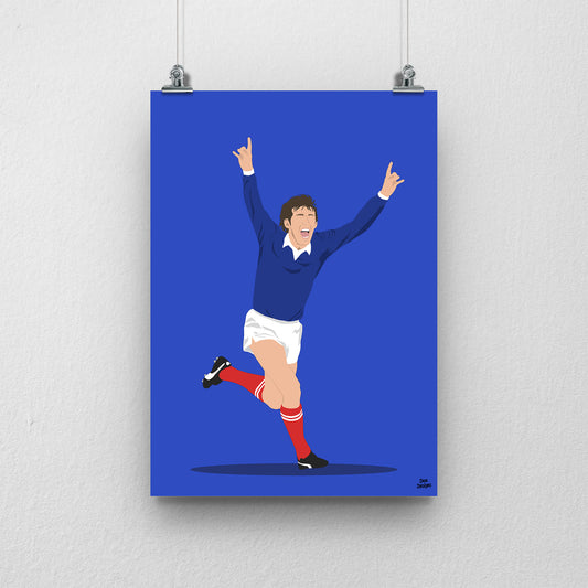 Kenny Dalglish celebrating with both arms raised in Scotland’s navy shirt, white shorts and red socks, illustrated with a blue background.