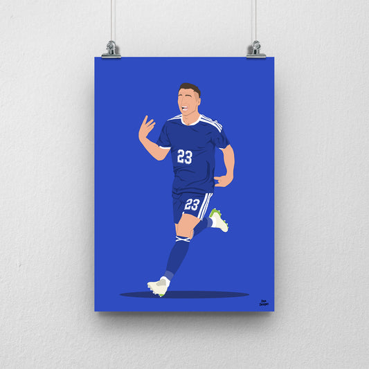 Kenny McLean celebrating in Scotland’s navy number 23 kit, illustrated with a blue background.